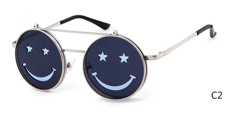 Flip Up Smiling Face Round Metal Frame Gothic Retro HELLOWEEN Sunglasses