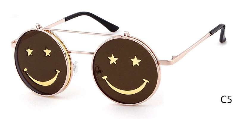 Flip Up Smiling Face Round Metal Frame Gothic Retro HELLOWEEN Sunglasses