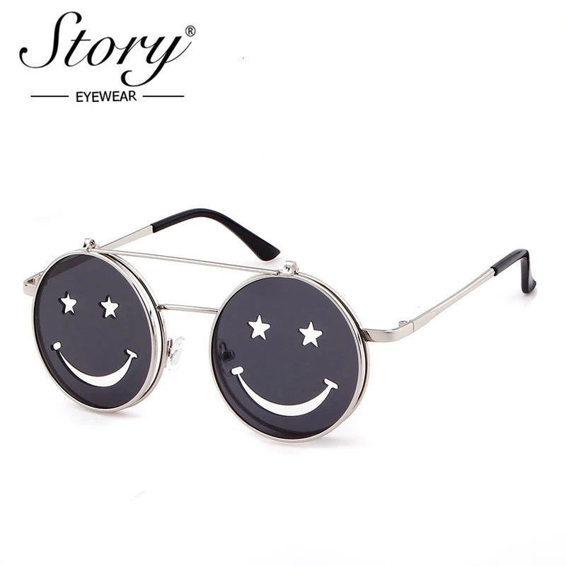 Flip Up Smiling Face Round Metal Frame Gothic Retro HELLOWEEN Sunglasses
