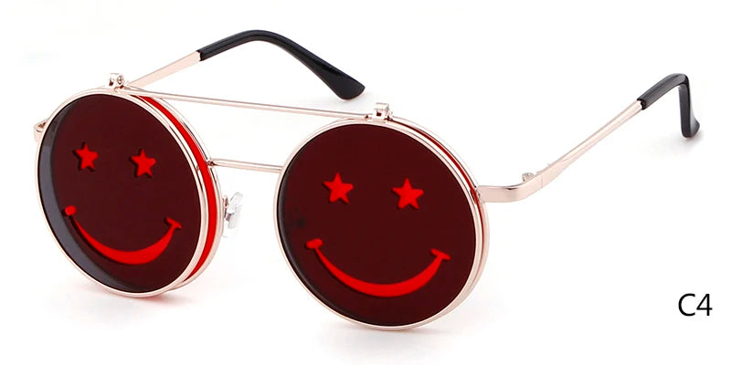Flip Up Smiling Face Round Metal Frame Gothic Retro HELLOWEEN Sunglasses