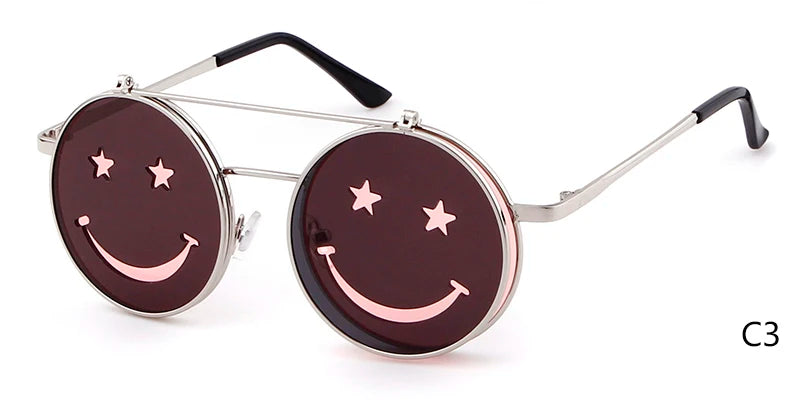 Flip Up Smiling Face Round Metal Frame Gothic Retro HELLOWEEN Sunglasses