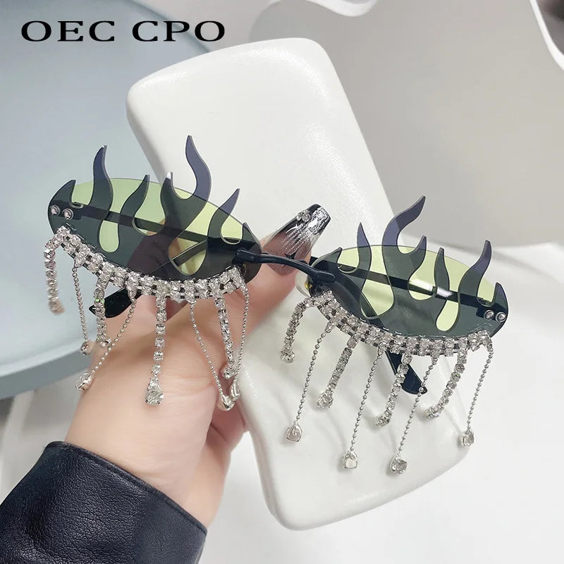 Diamonds Fire Flame Women Luxury Rhinestone HELLOWEEN Sunglasses