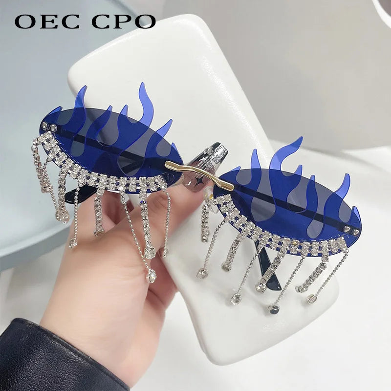 Diamonds Fire Flame Women Luxury Rhinestone HELLOWEEN Sunglasses