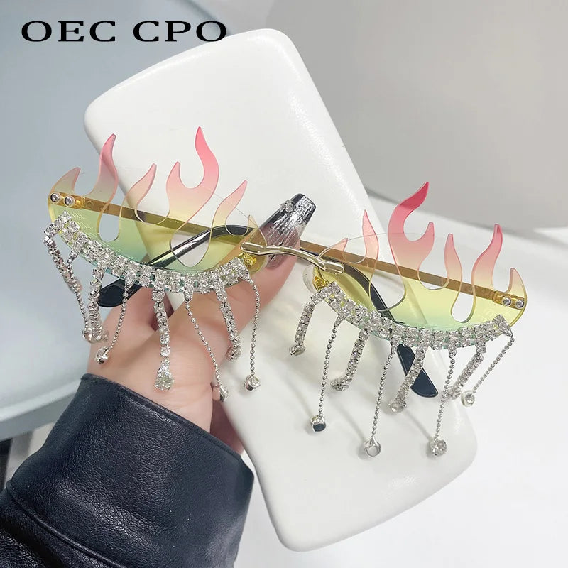Diamonds Fire Flame Women Luxury Rhinestone HELLOWEEN Sunglasses