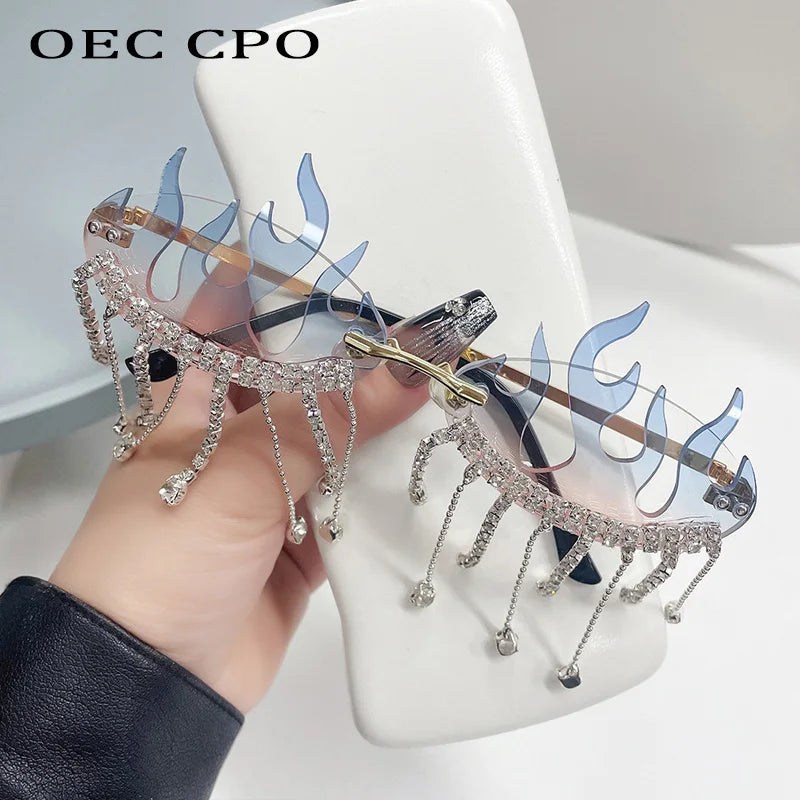 Diamonds Fire Flame Women Luxury Rhinestone HELLOWEEN Sunglasses
