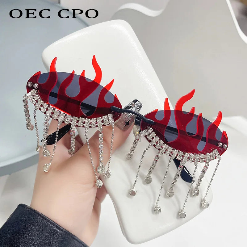 Diamonds Fire Flame Women Luxury Rhinestone HELLOWEEN Sunglasses