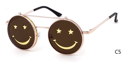 Flip Up Smiling Face Round Metal Frame Gothic Retro HELLOWEEN Sunglasses