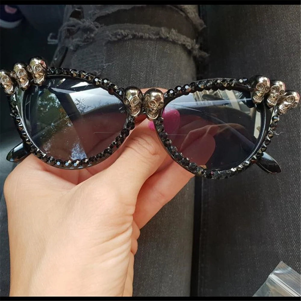 Women Skull Sunglasses Black Cat Eye Rhinestone Gorgeous HELLOWEEN Sunglasses