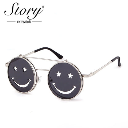 Flip Up Smiling Face Round Metal Frame Gothic Retro HELLOWEEN Sunglasses