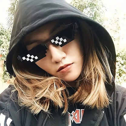 Mosaic pixel retro sunglasses worn by woman in hoodie