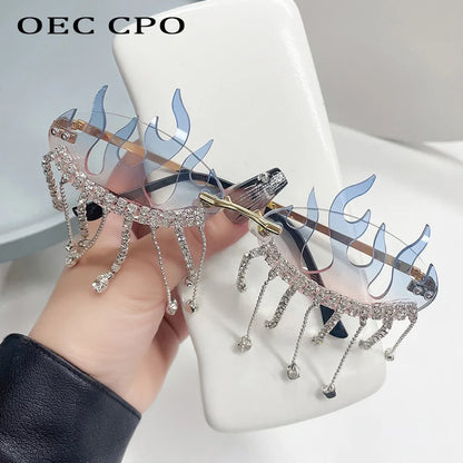 Diamonds Fire Flame Women Luxury Rhinestone HELLOWEEN Sunglasses
